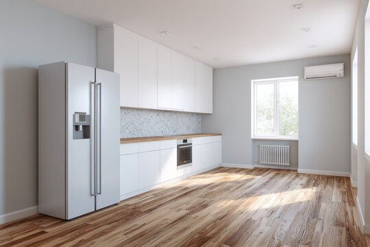Modern, bright kitchen features white cabinets, wooden floors, and appliances.