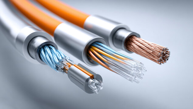 Orange insulated cable cross section showing copper and fiber conductors with technical detail and cool tone
