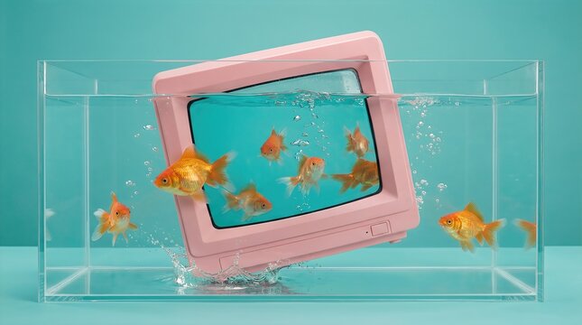 Surreal scene featuring a pink computer monitor submerged in water with goldfish swimming around, creating a whimsical and playful atmosphere of surreal silliness