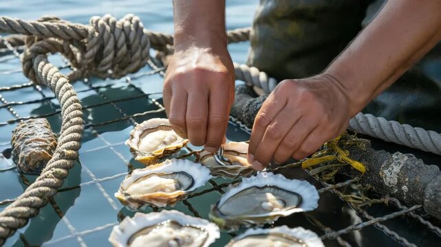 Hands shucking fresh oysters on a fishing net by the sea with a knife and rope in a coastal setting