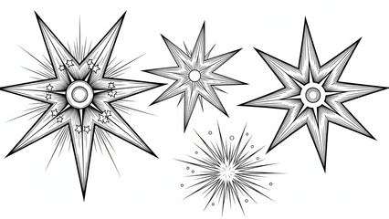 Four starburst designs with varying points and details on white background