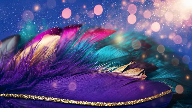 Mardi gras carnival holiday party background vibrant purple green gold feathers texture luxury decoration copy space concept festival celebration event design, seamless looping video