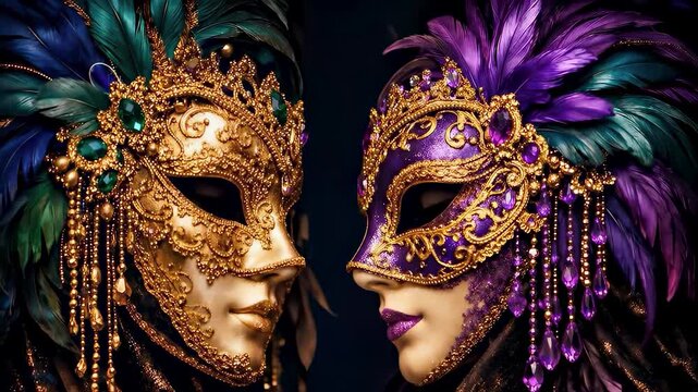 Couple wearing ornate gold and purple Venetian masquerade masks with colorful feathers and gemstone jewelry, luxury carnival party celebration concept and mysterious holiday festival portrait.
