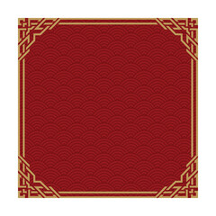 Square gold decorative frame in Japanese style with red wavy background and empty space for text. Vector illustration for banners, cards, and promotions.