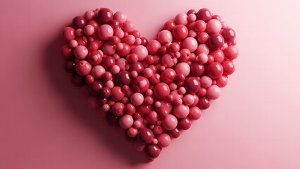 Obraz premium Heart shape formed by small red and pink beads or pearls on pink background