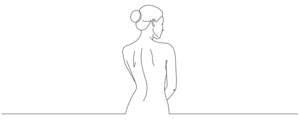 Hand-drawn illustration of a beautiful woman from behind, looking to the side, done in a single line, minimalist style. Editable line