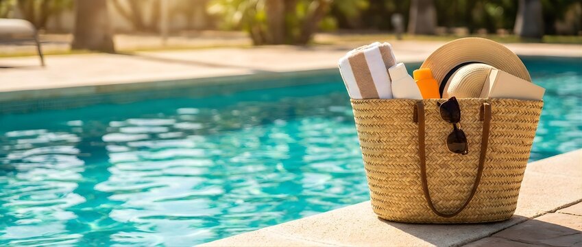 Luxury summer holiday essentials packed in straw bag beside shimmering turquoise pool