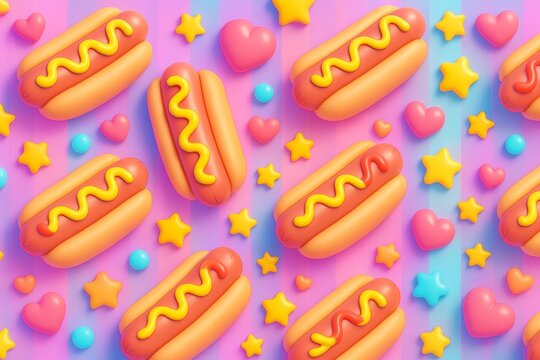 Playful hot dogs with mustard and colorful stars, hearts, and balls on striped pastel abstract background in soft cartoon style. Ai generative