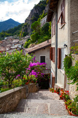 Street view from famous italian old town Limone on the coast of Garda lake