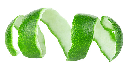Lime fruit peel isolated on a white background. Lime zest. Fresh ripe fruit.