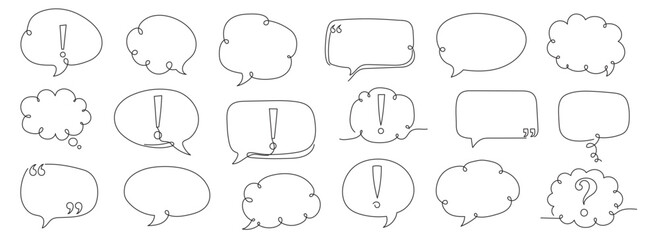 A set of speech bubble sketches in a single line style on a clean white background. Isolated on a white background. Editable line.