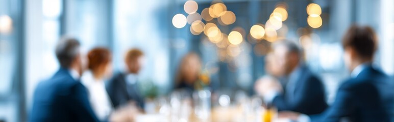 Colleagues discussing corporate strategy during a professional business meeting with bokeh lights