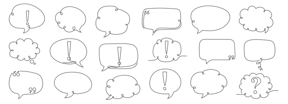 A set of speech bubble sketches in a single line style on a clean white background. Isolated on a white background. Editable line.