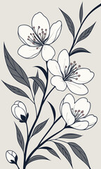Elegant Floral Line Art Blooming Flowers and Delicate Leaves.