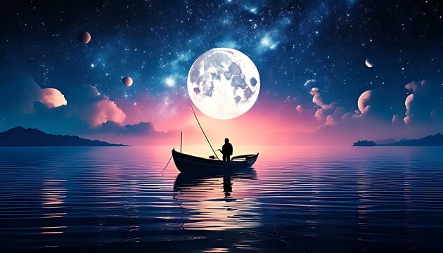 Solitary figure in a boat under a colossal full moon and vibrant starry cosmic night sky reflecting on calm water.