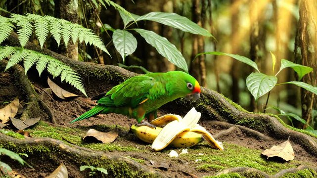 A vibrant green parrot eating a banana on a forest floor with tree roots and ferns