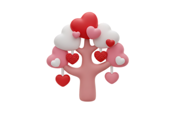 3D heart tree for Valentines Day and romantic designs - Stylized love tree with red and pink heart shaped leaves