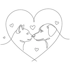 One-line drawing of a cat and dog with a heart. Decorative line art logo for a pet store or veterinary clinic. Editable vector illustration.