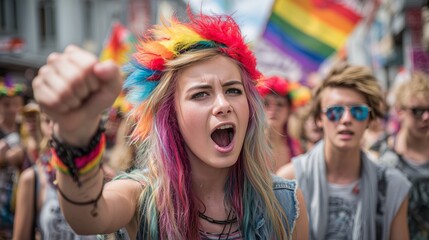 Young woman raising fist and shouting at a vibrant pride parade