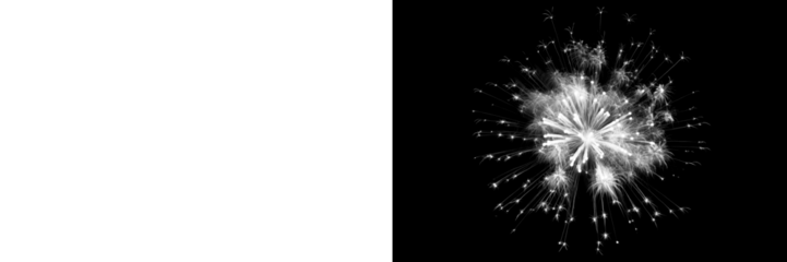 Bright white pyrotechnic firework bloom isolated as transparent PNG, sparkling night celebration effect with radiant particle burst