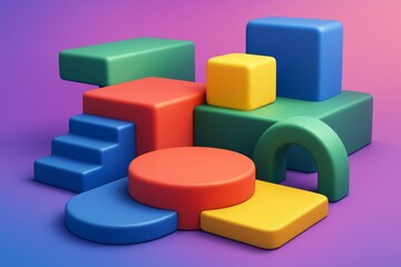 Obraz premium Colorful geometric toy shapes arranged on gradient background for modern design template, mockup, banner, or advertising concept scene.. Ai generative