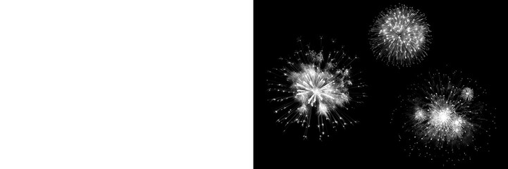 White fireworks bursts set isolated on transparent background, sparkling celebration explosions, festive pyrotechnic light effects collection, holiday fireworks overlay PNG