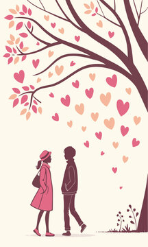 Romantic Encounter Under a HeartFilled Tree A Valentines Day Illustration.