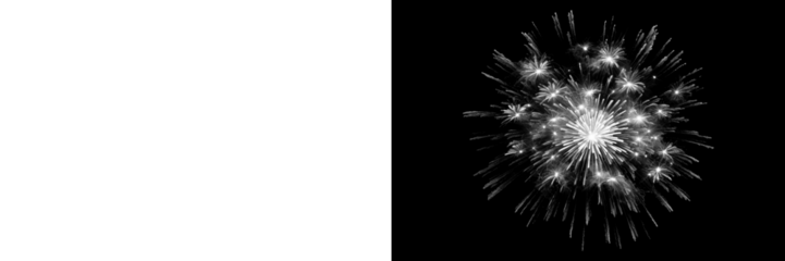 White sparkling fireworks explosion isolated on transparent background, bright celebratory firework burst, festive pyrotechnic light effect, holiday fireworks overlay PNG