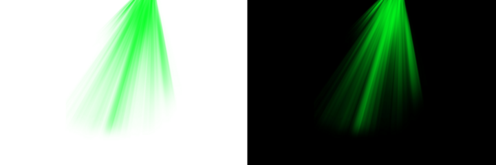 Green spotlight light beams isolated on transparent background, neon stage lighting rays, cinematic volumetric illumination, glowing light overlay PNG