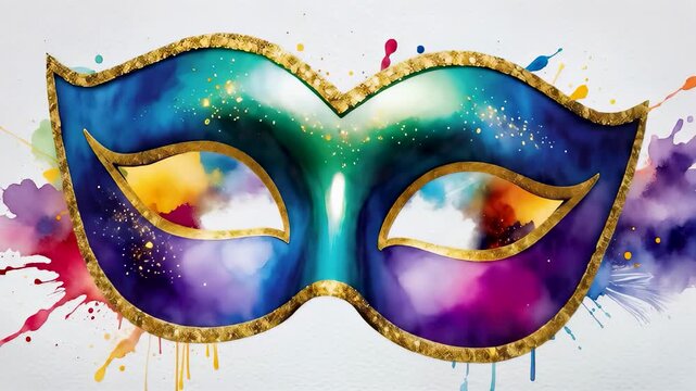 Colorful watercolor masquerade mask illustration with gold glitter outline and vibrant paint splash explosion background. Artistic Mardi Gras carnival celebration design concept