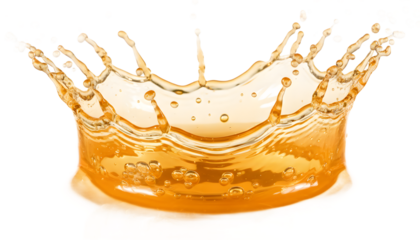 Golden orange liquid crown splash with droplets isolated on white