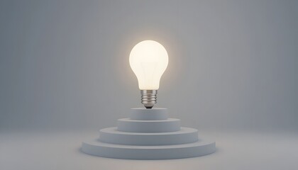 Bright Light Bulb on a White Platform Against a Grey Background