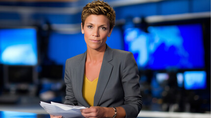 News anchor in a studio or speaking into a microphone,