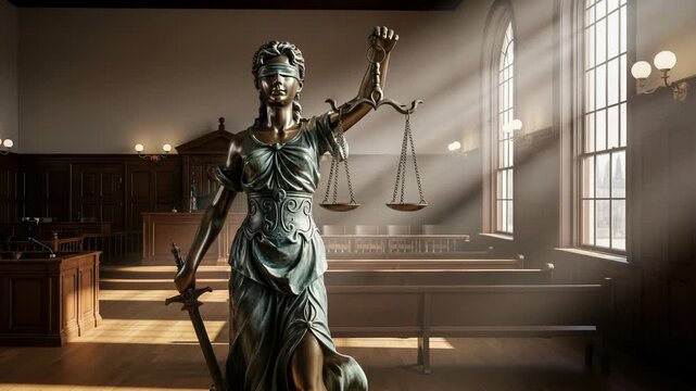 Statue of justice standing in a courtroom with a sword and scales in her hands carefully