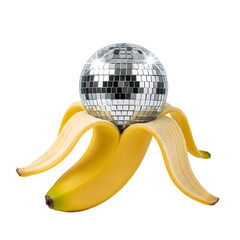 Naklejka premium Peeled banana revealing a shiny silver disco mirror ball