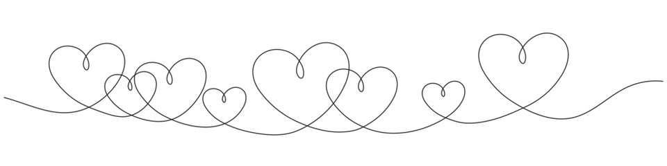 This continuous single-line graphic depicts multiple hearts intertwined with a single black line. Editable line