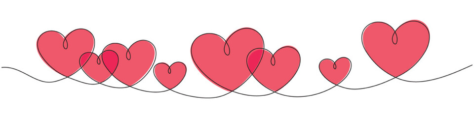 This continuous single-line graphic depicts multiple hearts intertwined with a single black line. Editable line