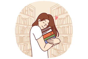 Girl hugs stack of books standing in library or bookstore and rejoicing at opportunity to read lot. Female student bookworm holding books and experiencing happiness anticipating reading