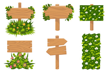 Cartoon-style wooden direction signs with green tropical plants, hanging boards and standing posts, flat design, modern vector art, no text