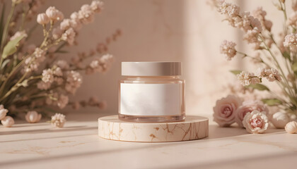 Elegant Cosmetic Jar on Marble Stand Surrounded by Floral Accents