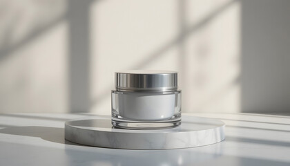 Modern Skincare Cream Jar on Marble Surface in Soft Natural Light