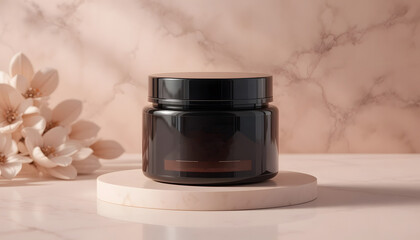 Modern Black Jar with Wooden Lid on Marble Surface and Flowers