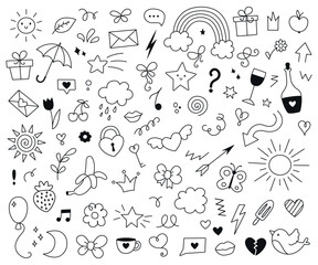 Set of doodles, Valentine's Day elements. Isolated white background. Vector icons
