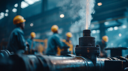 Assembly of pipes with high-pressure steam bursting from a bottleneck valve. Engineers in safety gear scramble. Industrial lighting and texture detail.