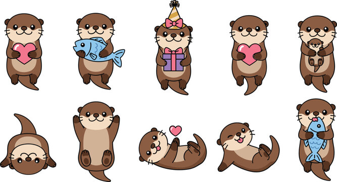 Cute otter character set with gifts fish hearts playful poses cartoon aquatic animal mascot vector illustration
