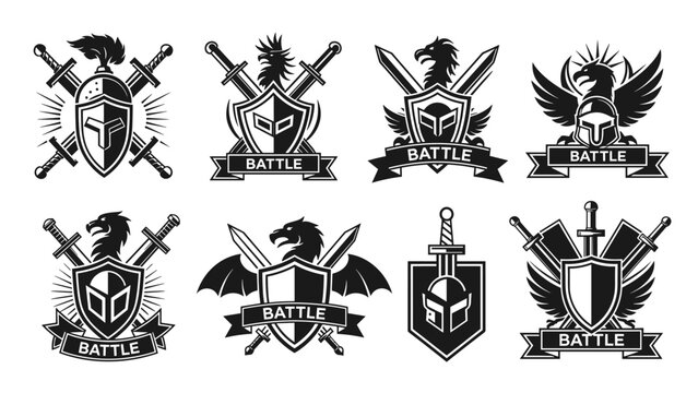 Collection of eight medieval knight emblems with shields, swords, dragons, and helmets, symbolizing battle and strength.