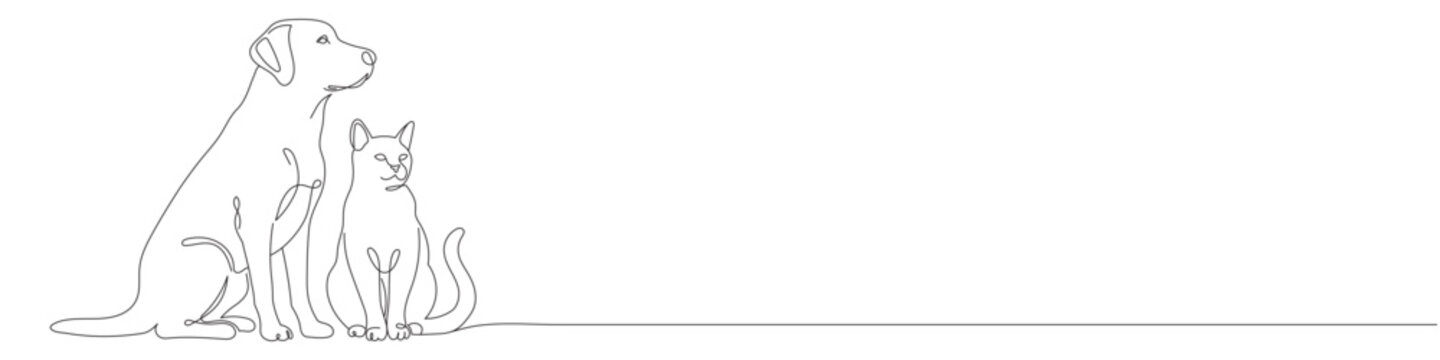 A continuous line drawing of a cat and dog sitting together. A decorative line art logo for a pet store or veterinary clinic. Editable vector illustration.