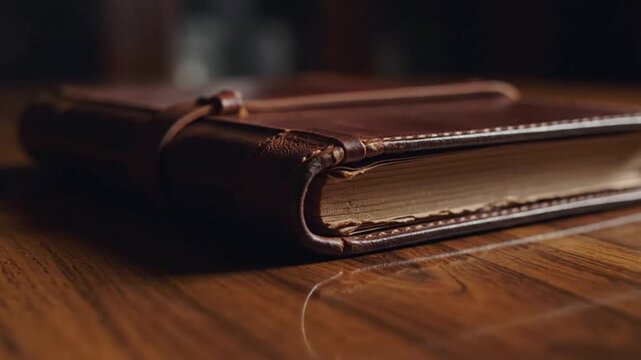 Vintage leather-bound journal resting on a wooden table with warm lighting highlighting its texture and craftsmanship
