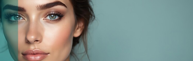 Obraz premium Attractive female with beautiful eye makeup and perfect eyebrows. Woman with fresh healthy skin. Close up studio photo of an attractive lady on turquoise background.