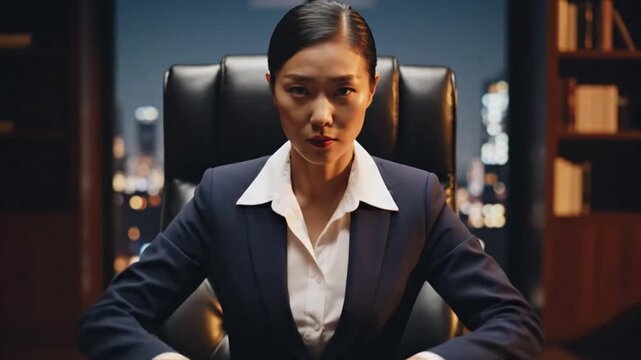 Professional Businesswoman in Office Setting with City View and Modern Decor, Confident Pose and Stylish Attire